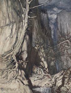 "Há um dragão terrível que ele peregrina, e em uma caverna vigia o anel de Alberich", ilustração de "O Rhinegold e a Valquíria", 1910 de Arthur Rackham